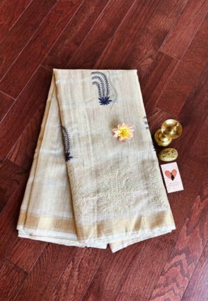 Tussar Silk - Ivory with gold and navy