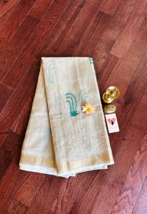 Tussar Silk - Ivory with gold and teal